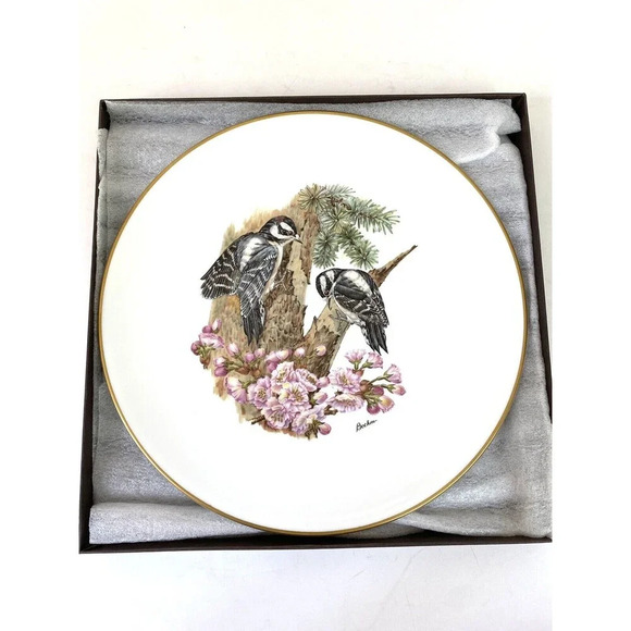 Boehm Porcelain Bird Plate Downy Woodpeckers Woodland Bird Series New In box - Picture 1 of 7